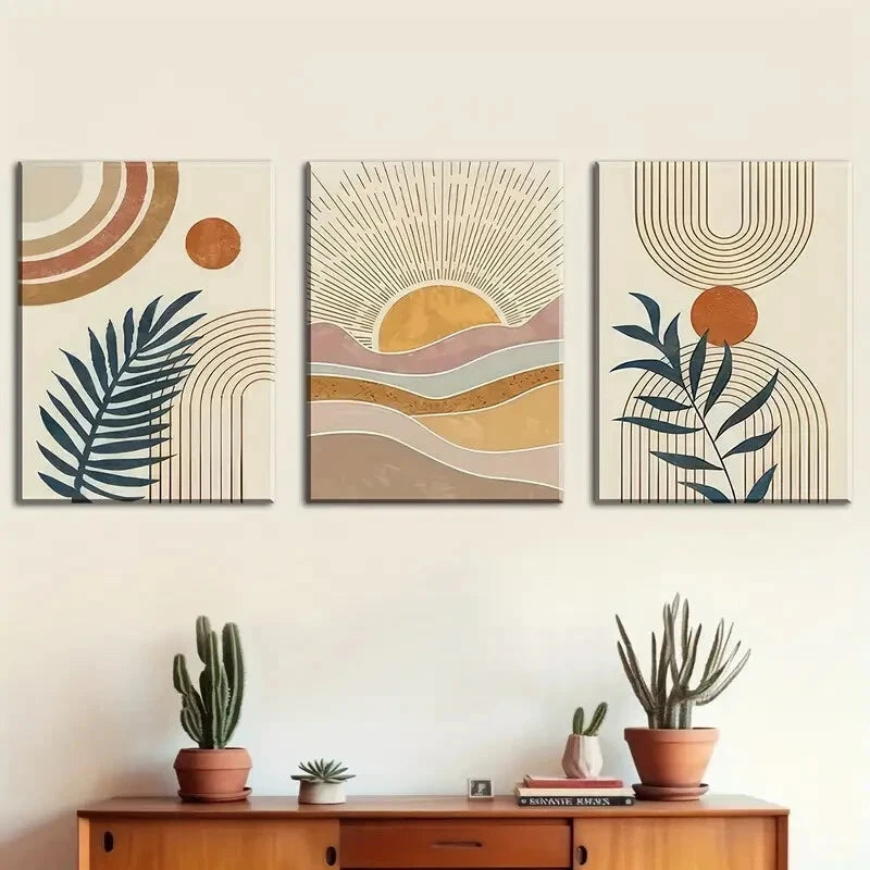 3pcs Bohemian Sun Plant Abstract Perfect Wall Art Set Canvas Framed 40x60cm - High Quality Print 100% Australian Made Wall Canvas Ready to Hang