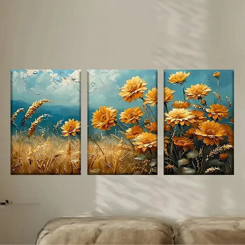 3pcs Painting of Flowers in a Field Wall Art Set Canvas Unframed - High Quality Print 100% Australian Made Wall Canvas - Bella Home Decor