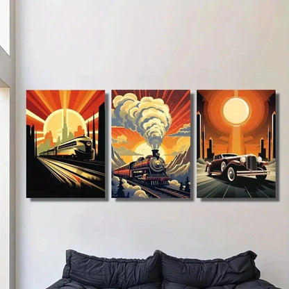 3pcs Steam Age & Industrial Cars & Trains Wall Art Set Canvas Framed 40x60cm - High Quality Print 100% Australian Made Wall Canvas Ready to Hang