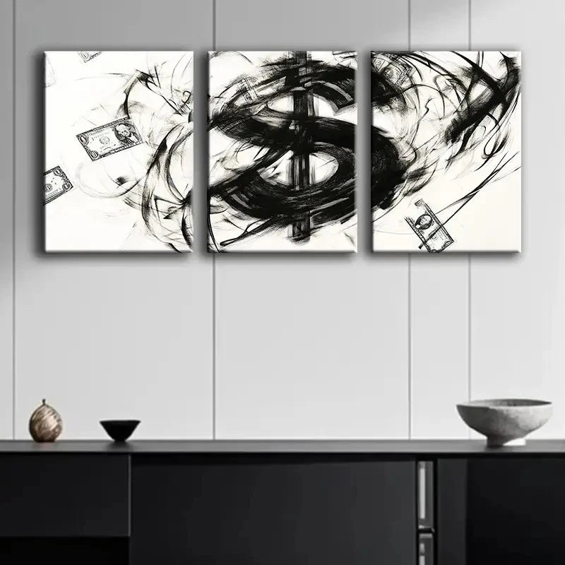 3pcs Modern Abstract Dollar Symbol and Money Metal Print Ready to Hang Art