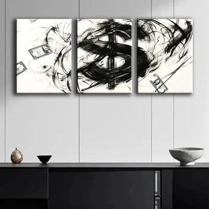 3pcs Modern Abstract Dollar Symbol and Money Metal Print Ready to Hang Art
