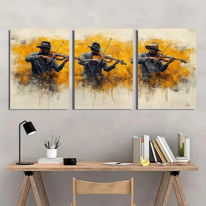 3pcs Elegant String Players Golden Hue Black Metal Print Ready to Hang Art