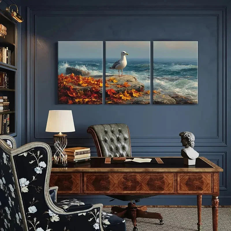 3pcs Autumn Seagull Coastal Landscape Ocean Waves Metal Print Ready to Hang Art