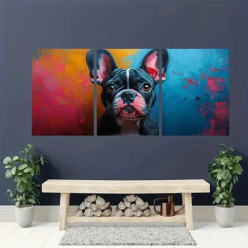 3pcs Abstract Bulldog Pink Blue Splash Dog Wall Art Set Canvas Framed 40x60cm - High Quality Print 100% Australian Made Wall Canvas Ready to Hang