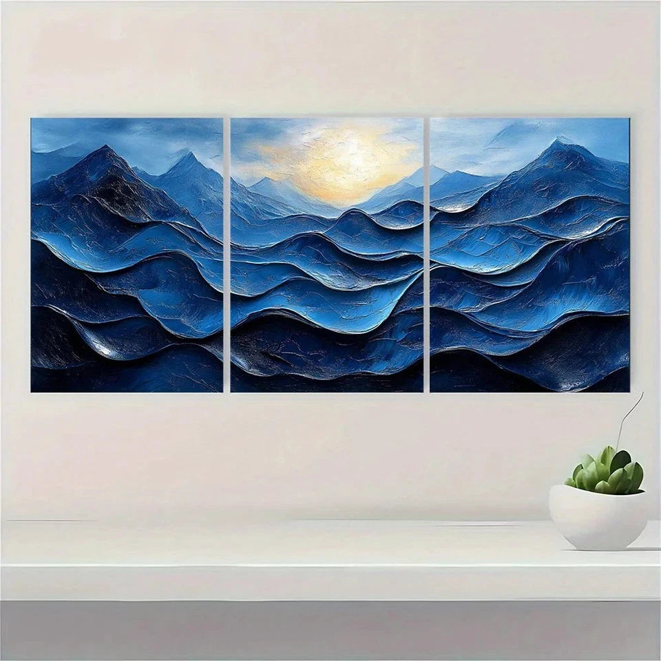 3pcs Blue Swirls Modern Abstract Painting Metal Print Ready to Hang Art