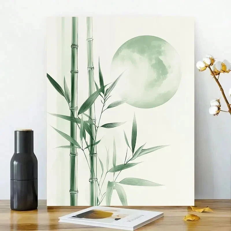 Minimalist Bamboo and Moon Green  40x60cm Metal Print Ready to Hang