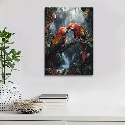 Colorful Jungle Scene with Playful Macaws 40x60cm Metal Print Ready to Hang
