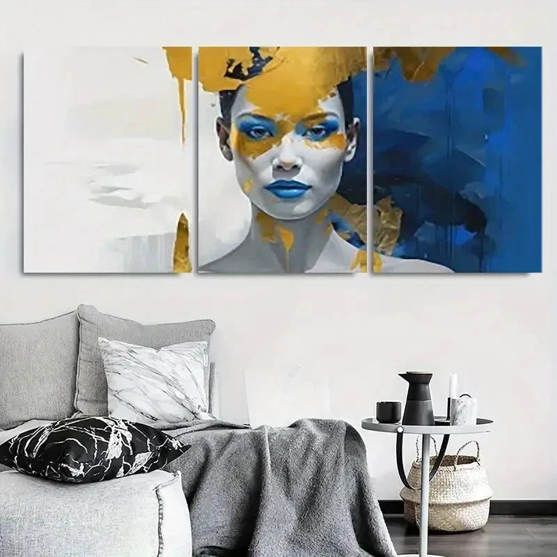 3pcs Blue Golden Abstract Portrait Wall Art Set Canvas Framed 60x90cm - High Quality Print 100% Australian Made Wall Canvas Ready to Hang