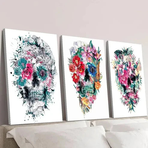 3pcs Vibrant Floral Skull Decoration Wall Art Canvas Unframed – High Quality Print 100% Australian Made Wall Canvas