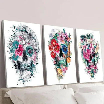 3pcs Vibrant Floral Skull Decoration Wall Art Canvas Unframed – High Quality Print 100% Australian Made Wall Canvas