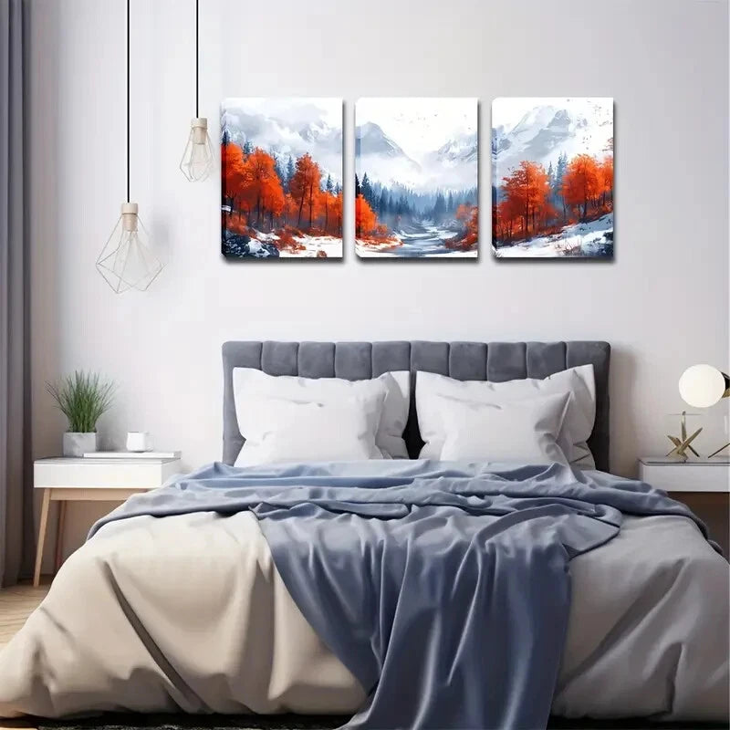 3pcs Red Trees & Misty Valley Snow Perfect Wall Art Set Canvas Framed 40x60cm - High Quality Print 100% Australian Made Wall Canvas Ready to Hang