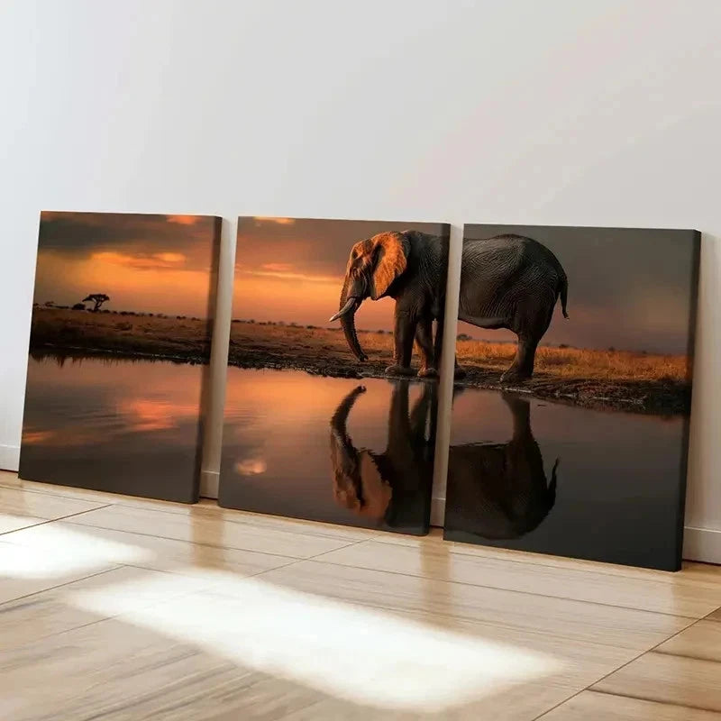 3pcs African Elephant at the Sunset Wall Art Set Canvas Framed 40x60cm - High Quality Print 100% Australian Made Wall Canvas Ready to Hang