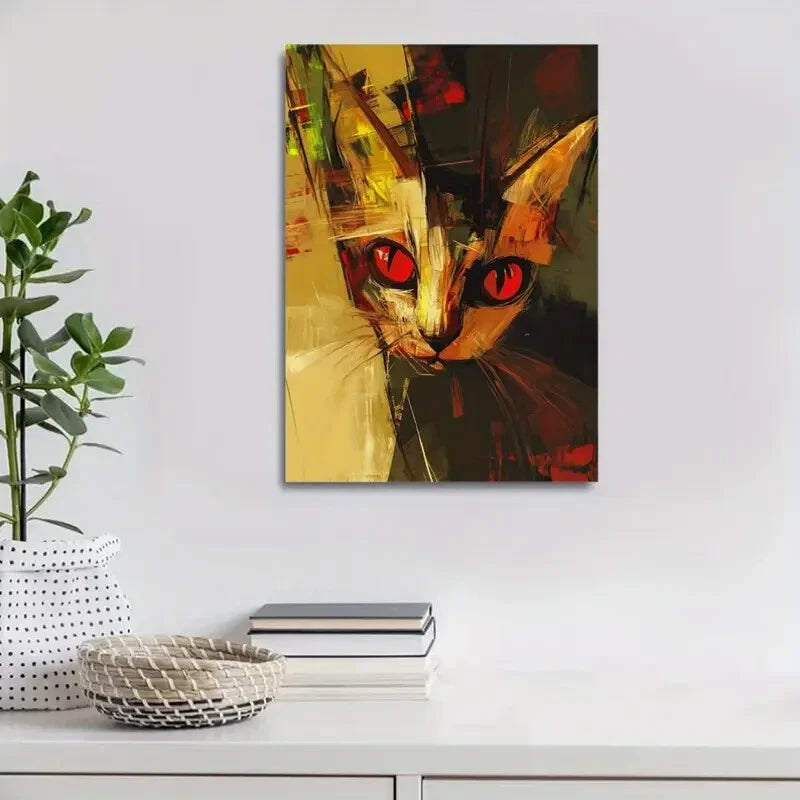 Modern Abstract Red Eyed Cat Painting 40x60cm Metal Print Ready to Hang