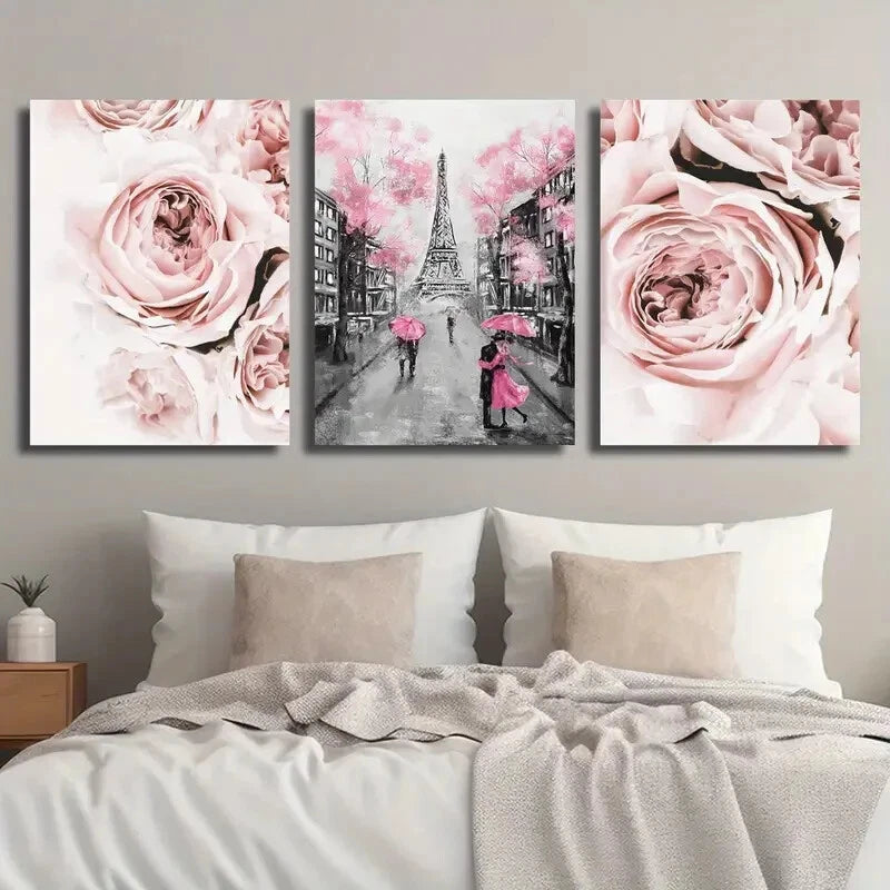 3pcs Pink Romantic Lover Umbrella Perfect Wall Art Set Canvas Framed 40x60cm - High Quality Print 100% Australian Made Wall Canvas Ready to Hang