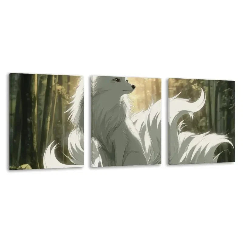3pcs 9 Tailed White Fox with Forest Scene  Wall Art Set Canvas Framed 60x90cm - High Quality Print 100% Australian Made Wall Canvas Ready to Hang
