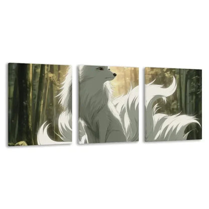 3pcs 9 Tailed White Fox with Forest Scene  Wall Art Set Canvas Framed 60x90cm - High Quality Print 100% Australian Made Wall Canvas Ready to Hang