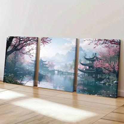 3pcs Japan Traditional Courtyard Landscape Wall Art Set Canvas Framed 40x60cm - High Quality Print 100% Australian Made Wall Canvas Ready to Hang