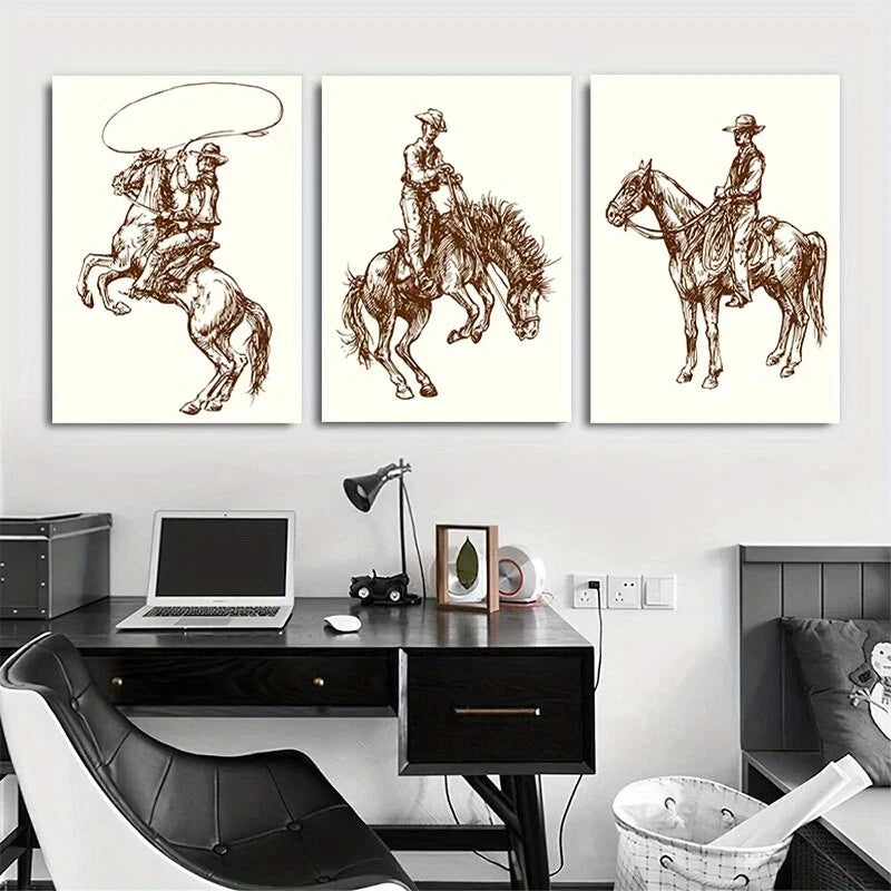 3pcs Faux Denim Texture Horse Riding Metal Print Ready to Hang Art - Bella Home Decor