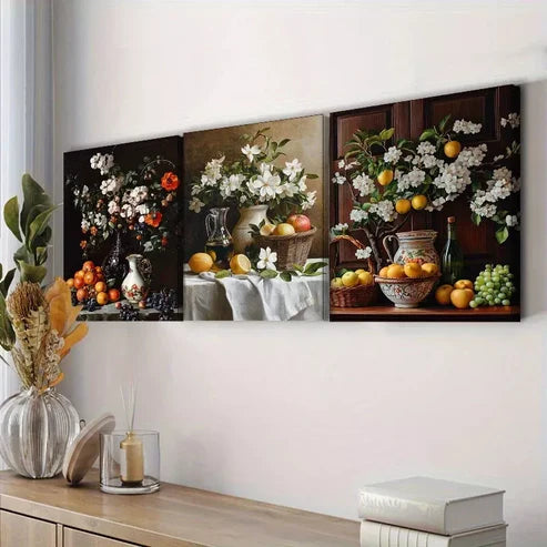 3pcs Fruit, Flowers, And A Jug Floral Wall Art Set Canvas Framed 60x90cm - High Quality Print 100% Australian Made Wall Canvas Ready to Hang
