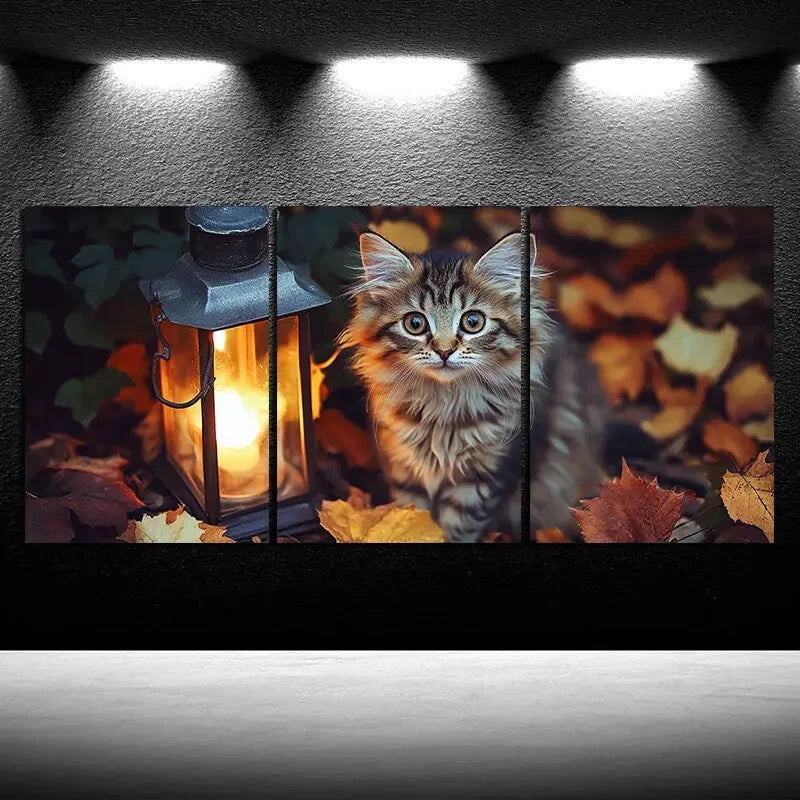 3pcs Kitten And Lantern Autumn Leaves Metal Print Ready to Hang Art
