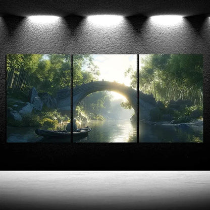 3pcs The Boatman Under The Stone Bridge Nature Metal Print Ready to Hang Art