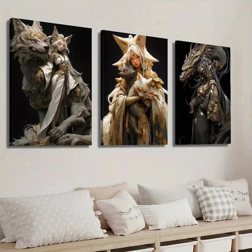 3pcs Anime Fantasy Golden Female Characters Wall Art Set Canvas Unframed - High Quality Print 100% Australian Made Wall Canvas