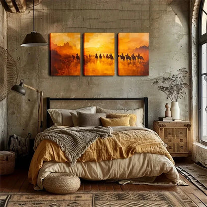 3pcs Horses Under Retro Dusk Triptych Perfect Wall Art Set Canvas Framed 40x60cm - High Quality Print 100% Australian Made Wall Canvas Ready to Hang