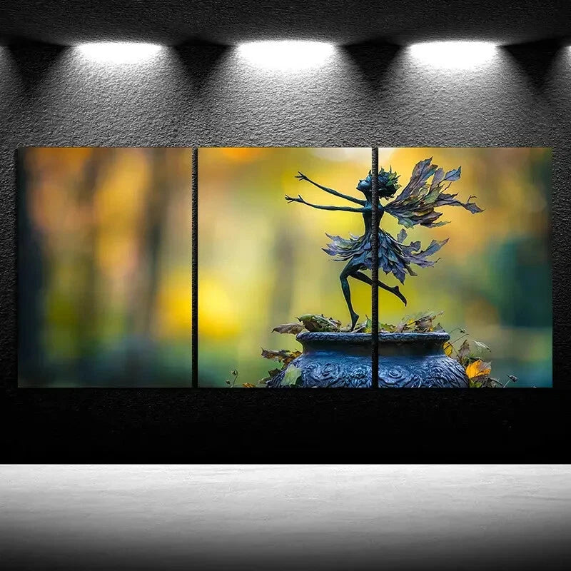 3pcs Leaf Girl Dancing in the Forest Fantasy Metal Print Ready to Hang Art