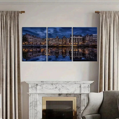 3pcs Netherlands Landscape Amsterdam Canal Wall Art Set Canvas Framed 40x60cm - High Quality Print 100% Australian Made Wall Canvas Ready to Hang