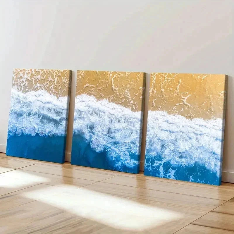 3pcs Ocean Waves at Sunset Serene Seaside Wall Art Set Canvas Framed 40x60cm - High Quality Print 100% Australian Made Wall Canvas Ready to Hang
