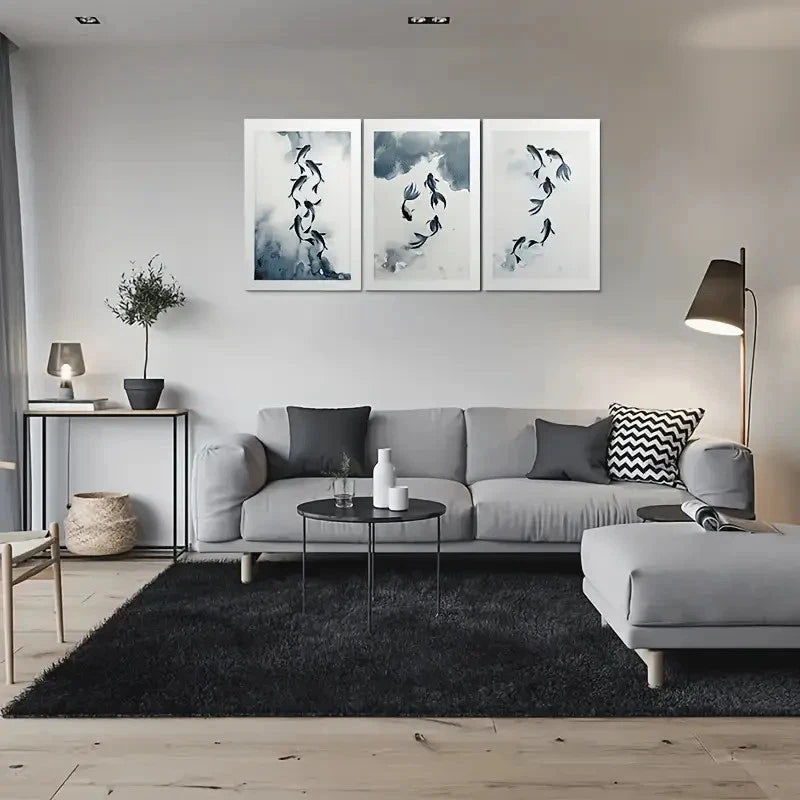 3pcs Swimming Fish in Blue and White Metal Print Ready to Hang Art