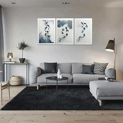 3pcs Swimming Fish in Blue and White Metal Print Ready to Hang Art