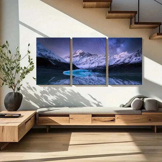 3pcs Night Scene Snowy Mountains & River  Wall Art Set Canvas Framed 40x60cm - High Quality Print 100% Australian Made Wall Canvas Ready to Hang