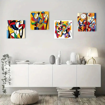 4pcs  Vibrant Geometric Shapes & Musical Instrume Wall Art Canvas Framed