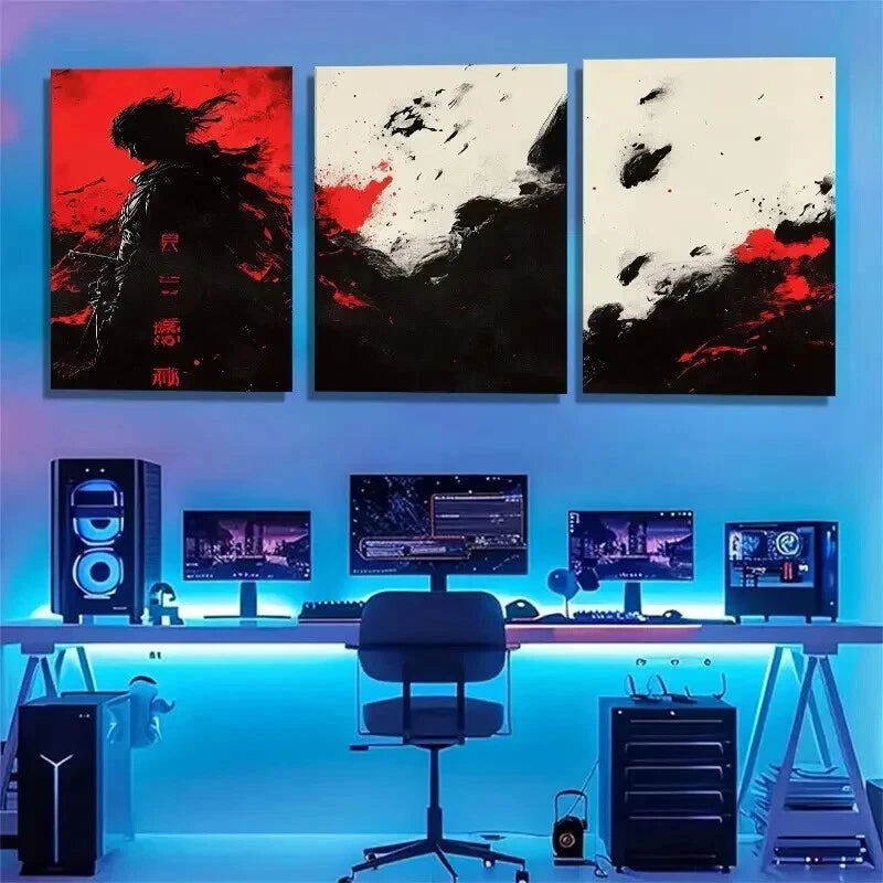 3pcs Samurai Warrior Japanese Dark Red Perfect Wall Art Set Canvas Framed 40x60cm - High Quality Print 100% Australian Made Wall Canvas Ready to Hang