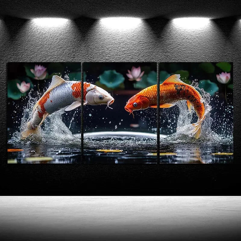 3pcs Golden Koi Fish and Lotus Pond Metal Print Ready to Hang Art