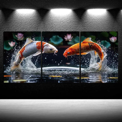 3pcs Golden Koi Fish and Lotus Pond Metal Print Ready to Hang Art