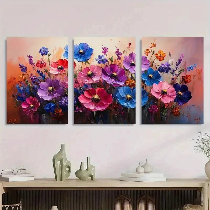 3pcs Abstract Purple Flower Floral Perfect Wall Art Set Canvas Framed 50x70cm - High Quality Print 100% Australian Made Wall Canvas Ready to Hang