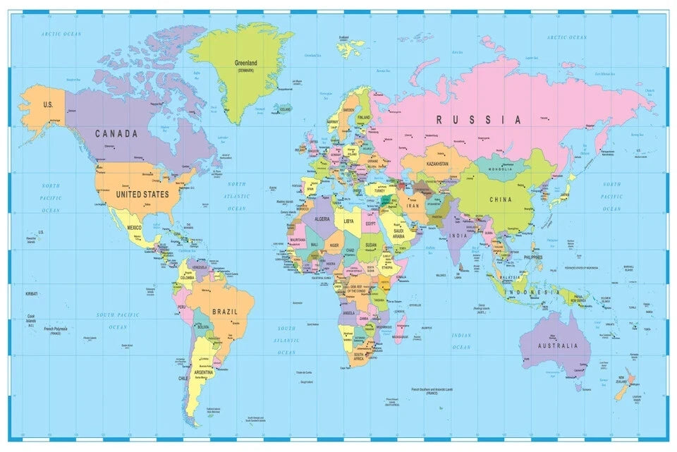 Borders Countries & Cities World Map with details 91x61cm poster AU