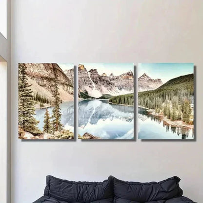 3pcs Serene Lake Mountain & Evergreen Trees Wall Art Set Canvas Unframed - High Quality Print 100% Australian Made Wall Canvas