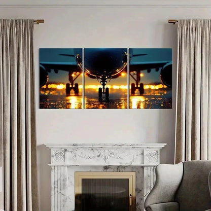 3pcs Airplane Sunset Runway Lights Wall Art Set Canvas Framed 40x60cm - High Quality Print 100% Australian Made Wall Canvas Ready to Hang