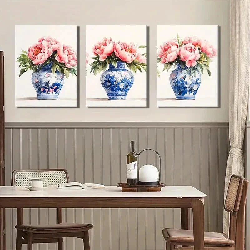 3pcs Blue and White Porcelain Vase Perfect Wall Art Set Canvas Framed 40x60cm - High Quality Print 100% Australian Made Wall Canvas Ready to Hang