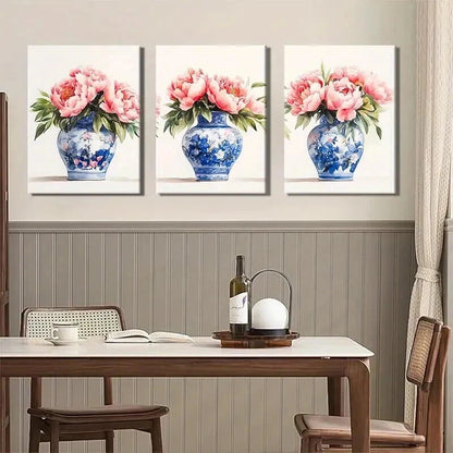 3pcs Blue and White Porcelain Vase Perfect Wall Art Set Canvas Framed 40x60cm - High Quality Print 100% Australian Made Wall Canvas Ready to Hang