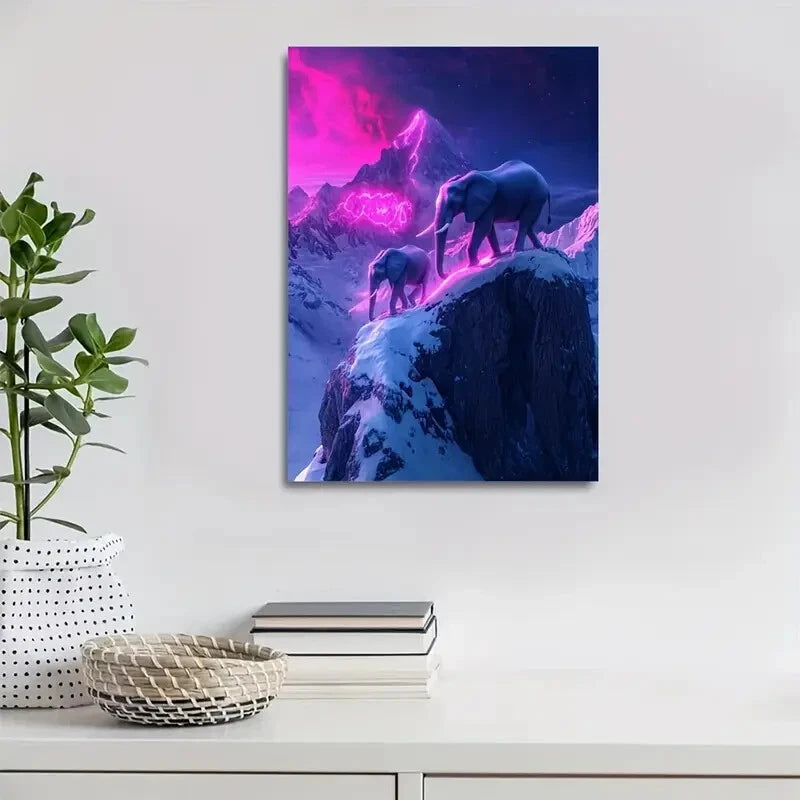 Realistic Neon Glow Elephants on Snowy Painting 40x60cm Metal Print Ready to Hang