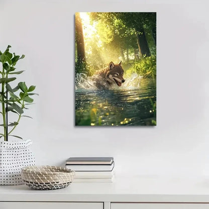 Cartoon Style Wolf Splashing In Water Painting 40x60cm Metal Print Ready to Hang