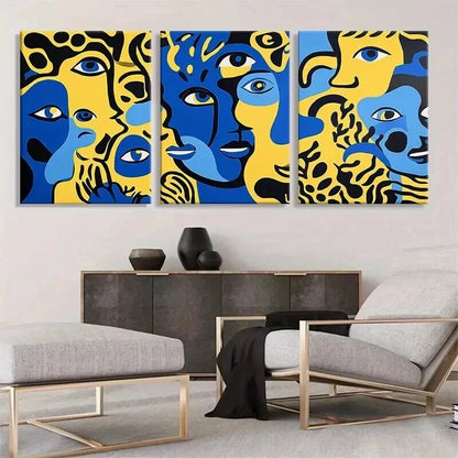 3pcs Abstract Expressionist Faces Blue Perfect Wall Art Set Canvas Framed 40x60cm - High Quality Print 100% Australian Made Wall Canvas Ready to Hang