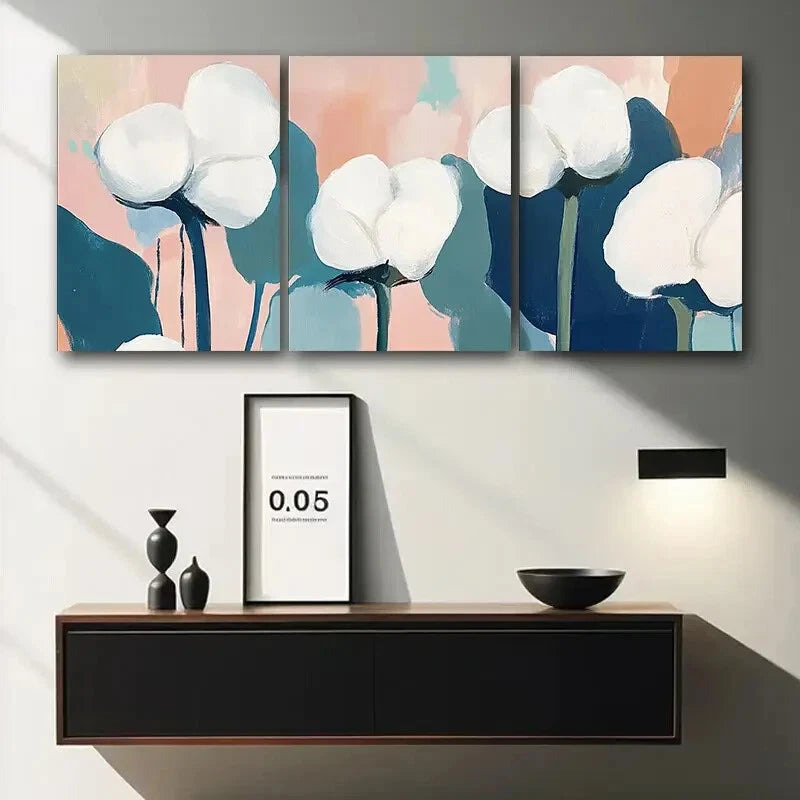 3pcs Abstract White Flowers Blue Metal Print Ready to Hang Art