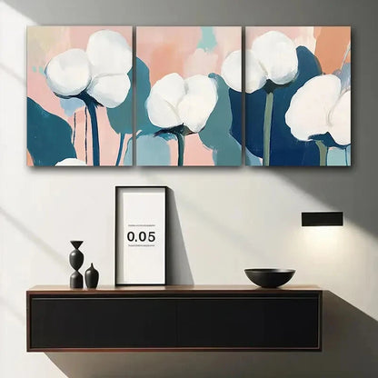 3pcs Abstract White Flowers Blue Metal Print Ready to Hang Art