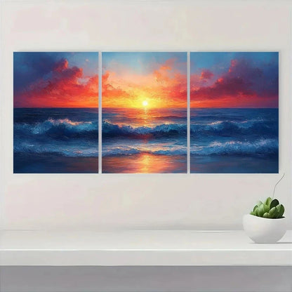 3pcs Sunset Seascape Textured Ocean Painting Metal Print Ready to Hang Art