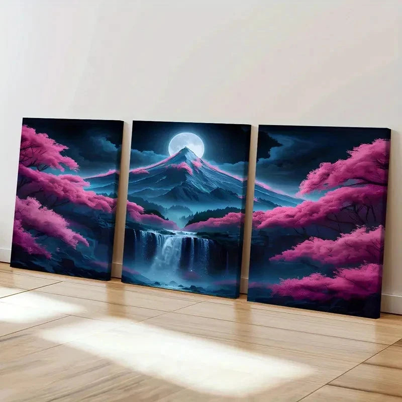 3pcs Sakura Mountain Waterfall Modern Wall Art Set Canvas Framed 60x90cm - High Quality Print 100% Australian Made Wall Canvas Ready to Hang